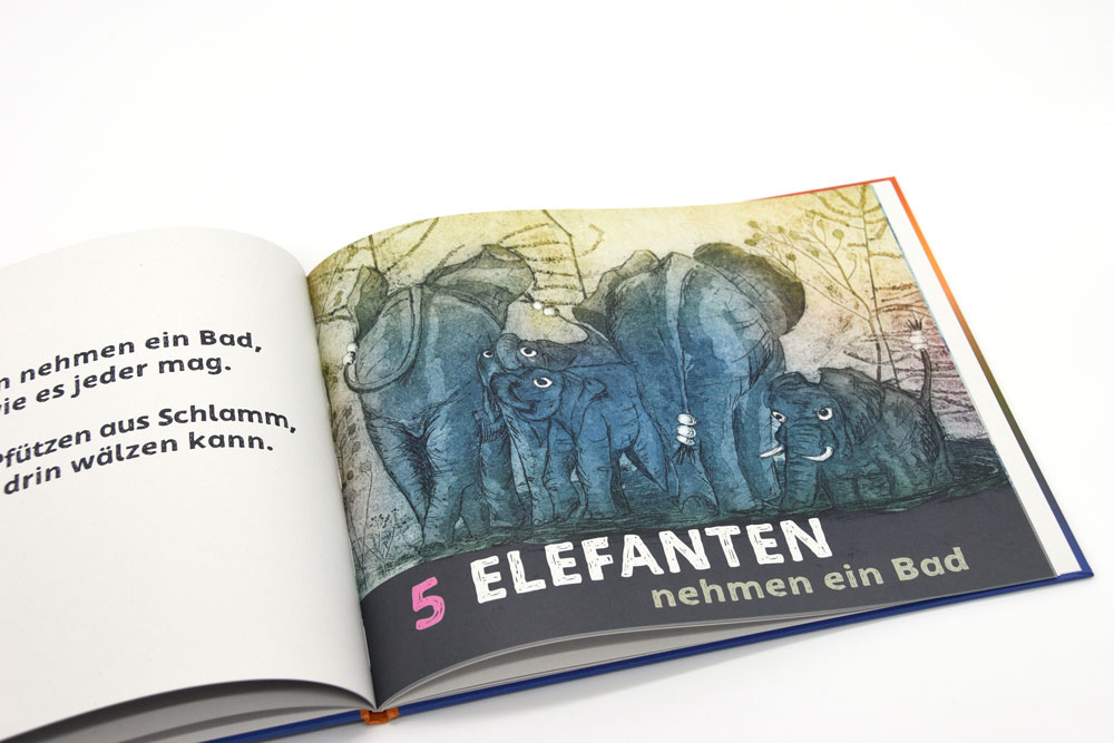 Inhaltsseite Kinderbuch mit einer Zeichnung von fünf Elefanten