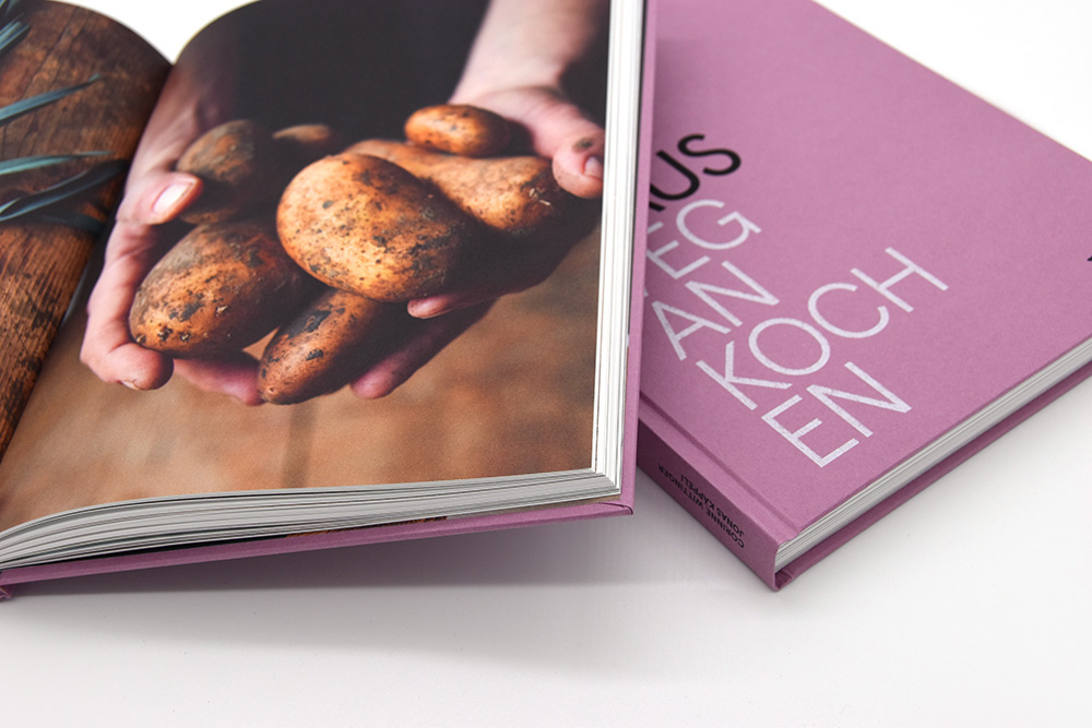 Seitenausschnitt eines Kochbuchs mit Händen die Kartoffeln halten
