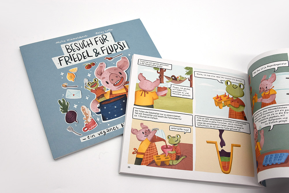 Innenseiten aus deinem Kinderkochbuch mit lustigen Illustrationen und Rezepten