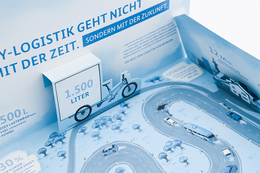 Inhalt eines Mailings mit Zeichnung einer Straße mit mit Pop-Up-Elementen