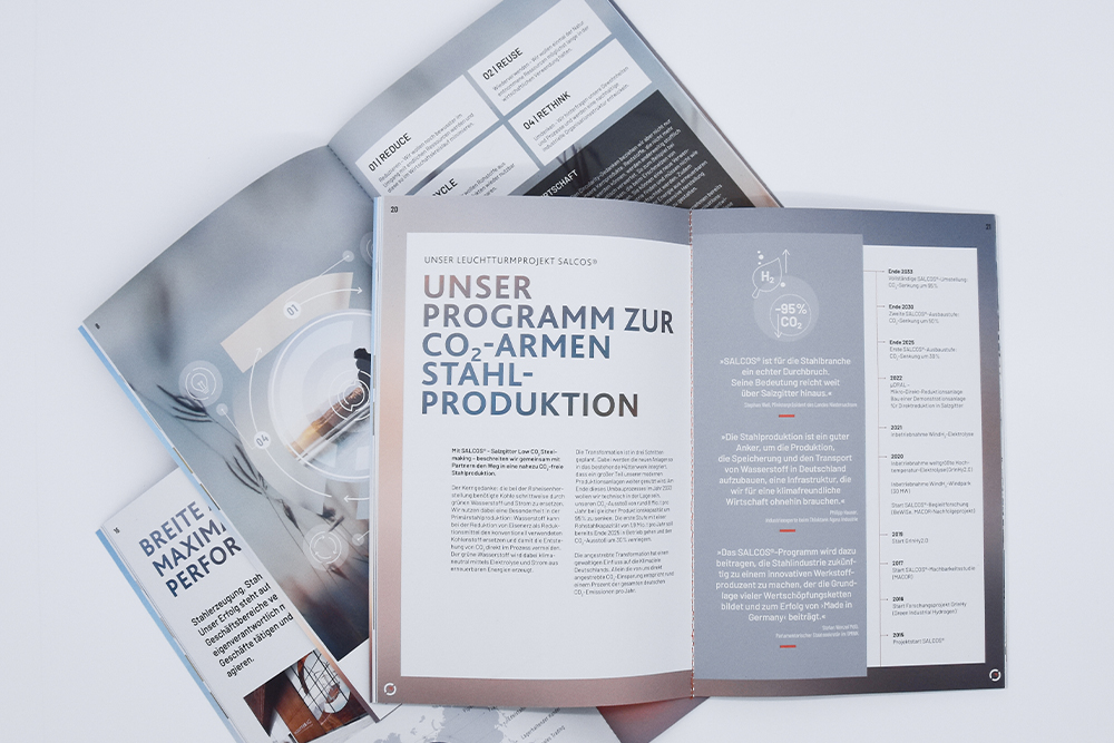 Inhaltsseiten einer Broschüre mit dem Programm zur CO2-armen Stahlproduktion