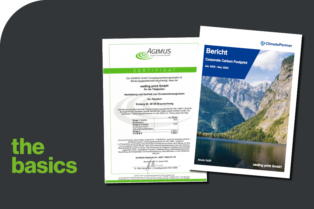 Grafik mit den Titelseiten des CO2-Berichtes der Oeding Print und dem Zertifikat nach ISO14064-3