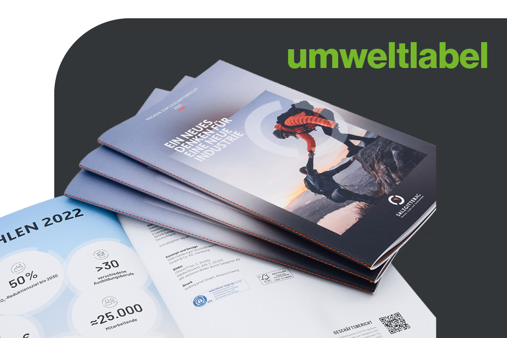 Grafik mit Seiten aus dem Geschäftsberichtes der Salzgitter Stahl mit Umweltzertifizierungen
